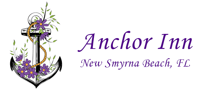 Logo for Anchor Inn, located in New Smyrna Beach, FL, featuring an anchor surrounded by flowers.