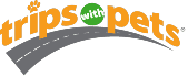 Logo for "Trips with Pets" featuring a playful font and a road graphic.